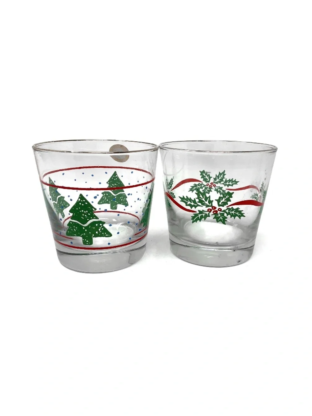 vintage holiday double old-fashioned or rocks glasses featuring festive green